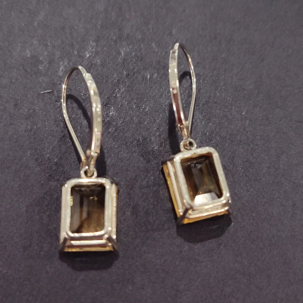 14k White Gold Emerald Cut Citrine Leverback Earrings - Picture 6 of 15